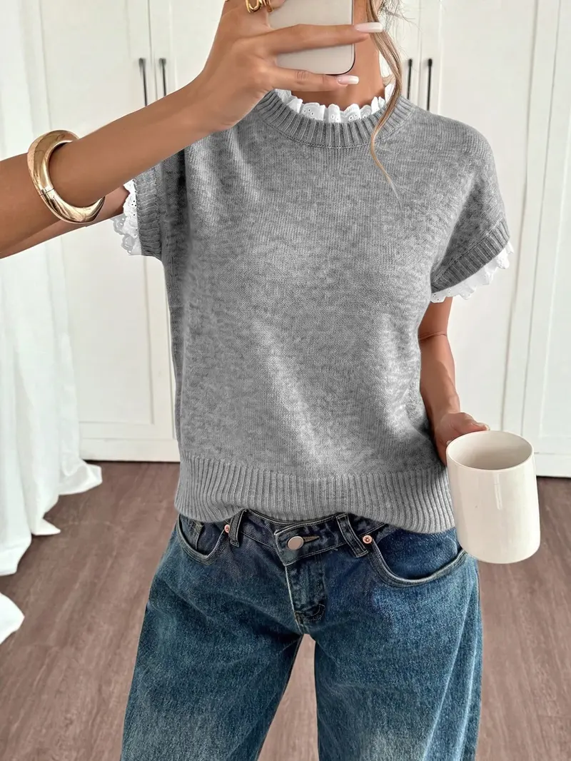 Apricot Round-Neck Lace-Trimmed Knit Vest for Work, Everyday Wear for Spring and Summer