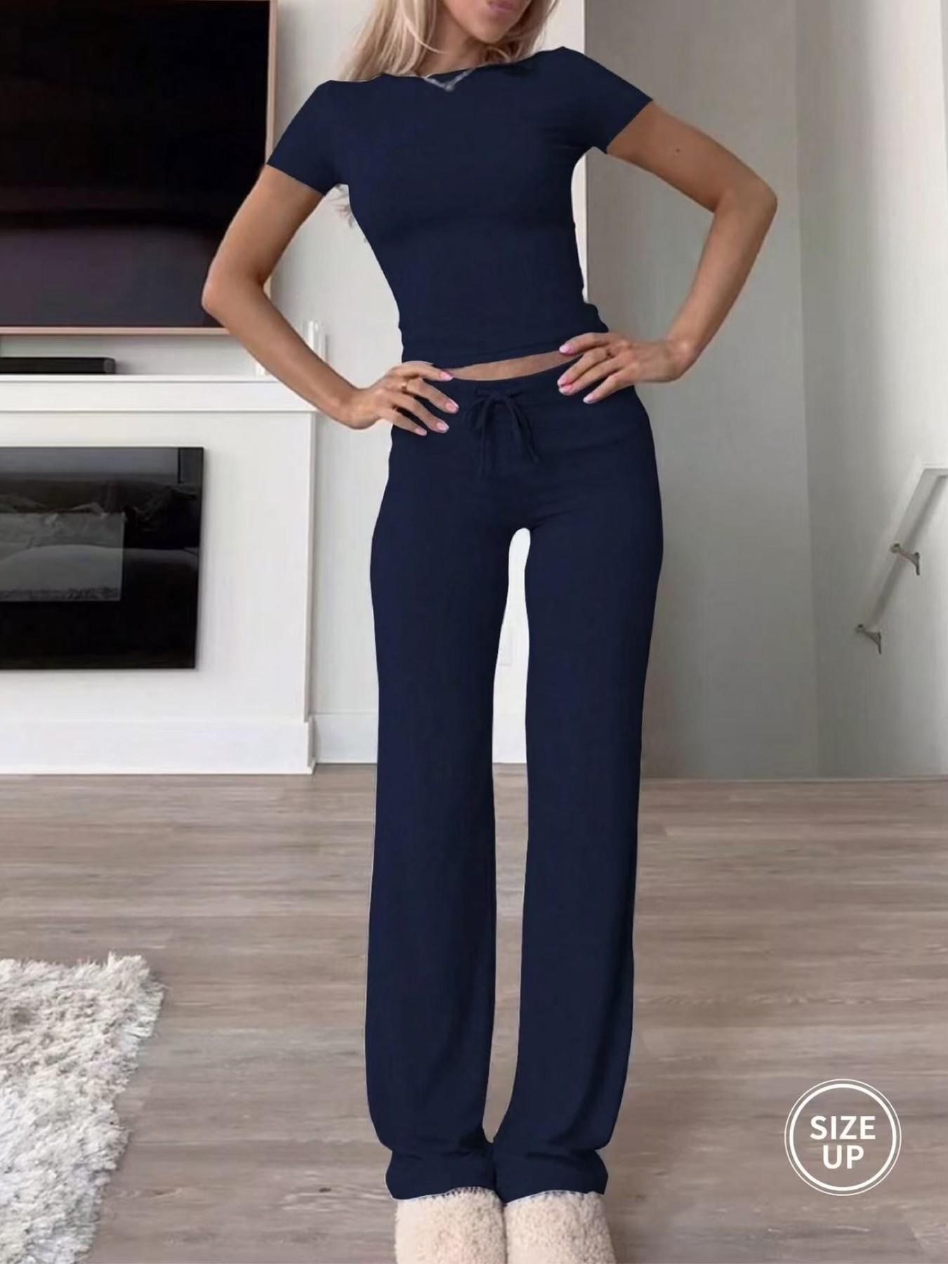 Two-Piece Set Women's Plain Crop Tee & Drawstring Waist Pants Loungewear Set, Casual Comfy Round Neck Short Sleeve Top & Trousers PJ Set, Ladies Sleepwear for All Seasons Two-Piece Set Women's Plain Crop Tee & Drawstring Waist Pants Loungewear Set, Casual Comfy Round Neck Short Sleeve Top & Trousers PJ Set, Ladies Sleepwear for All Seasons