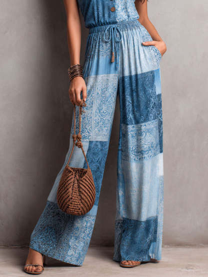 Boho Blue Patchwork Print Strap Wide-Leg Jumpsuit [Pre-order]