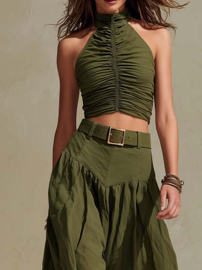Boho Olive Green Ruched Top & High-Waisted Wide Leg Pants Two-Piece Set  [Belt not included]