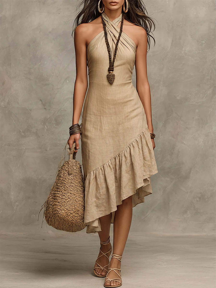 Elegant Halter-neck Ruffled Hem Cotton-linen Midi Dress
