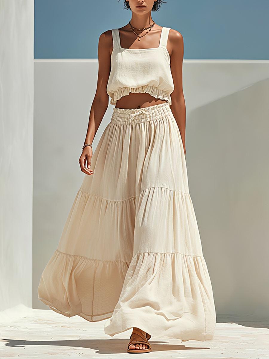 Women's Beige Linen-Blend Two-Piece Set With Square Neck Crop Tank Top & Tiered Maxi Skirt, Casual Summer Resort Outfit