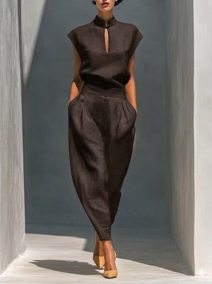 Linen Blend Mandarin Collar Two-Piece Set – Sleeveless Top & High-Waist Tapered Pants