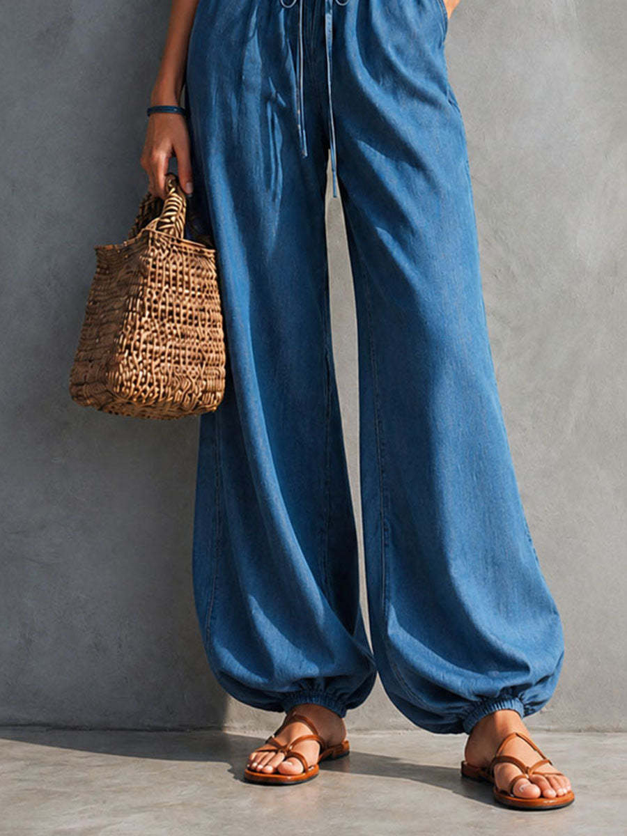 Boho Chic Denim Blue Corset Wide-Leg Jumpsuit  [Pre-order]