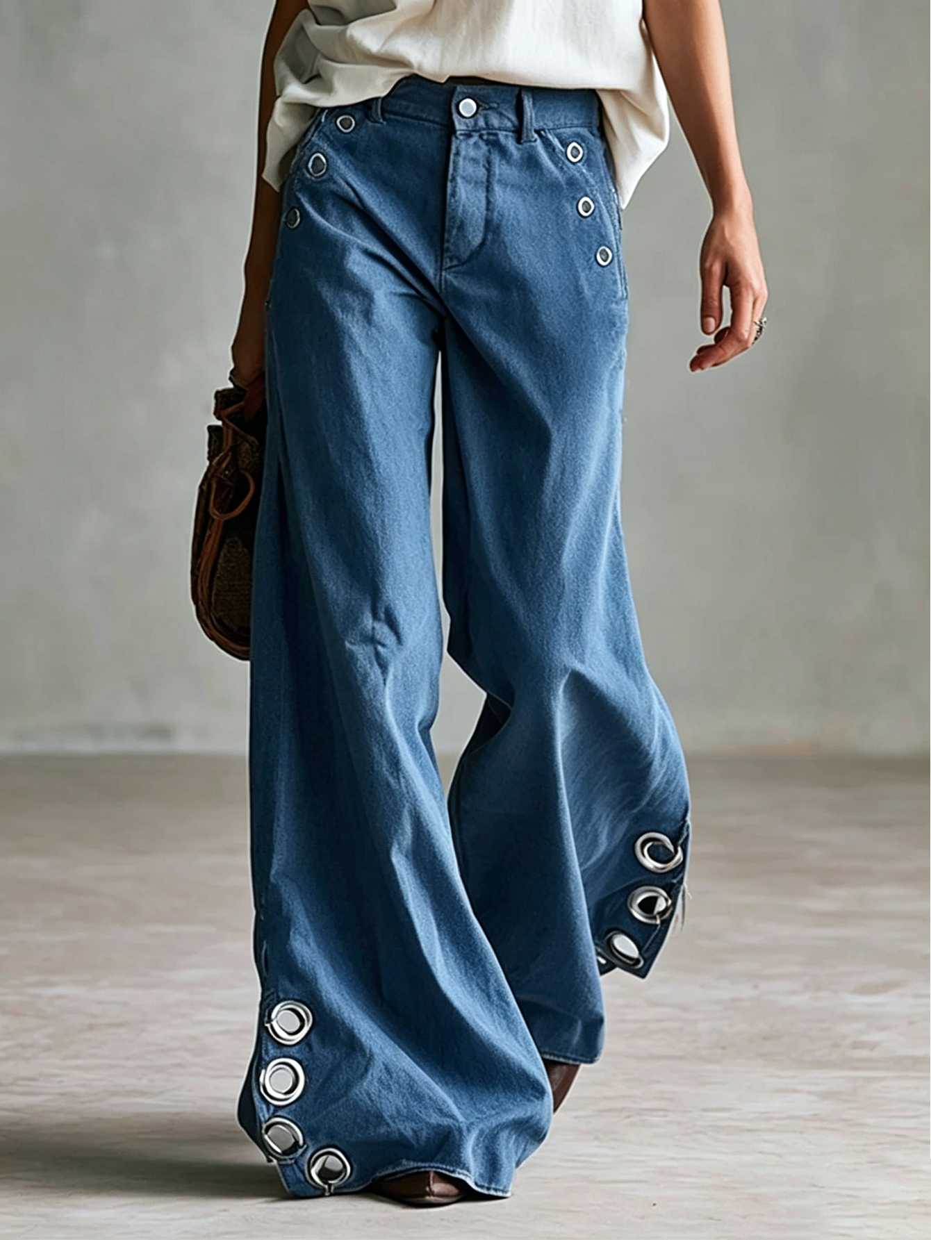 Versatile Retro Style With Metal Eyelets Caramel-colored Wide-leg Trousers