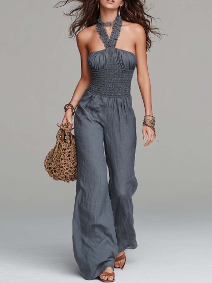 Slate Blue Tencel-Linen Blend Halter Smocked-Waist Wide-Leg Jumpsuit [Pre-order]