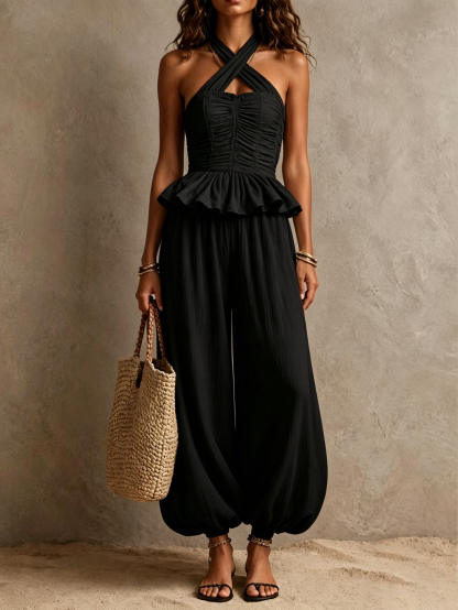 Boho Ivory Ruched Peplum Waist Halter Harem Jumpsuit [Pre-order]