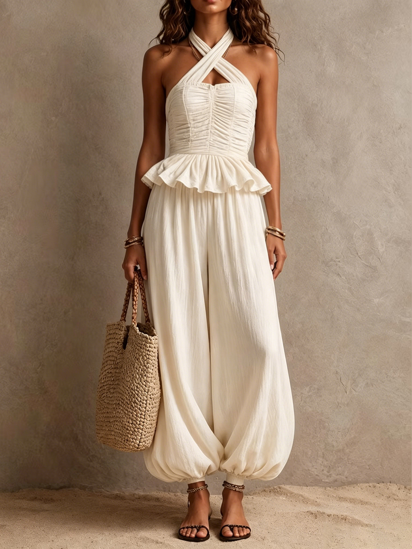 Boho Ivory Ruched Peplum Waist Halter Harem Jumpsuit [Pre-order]
