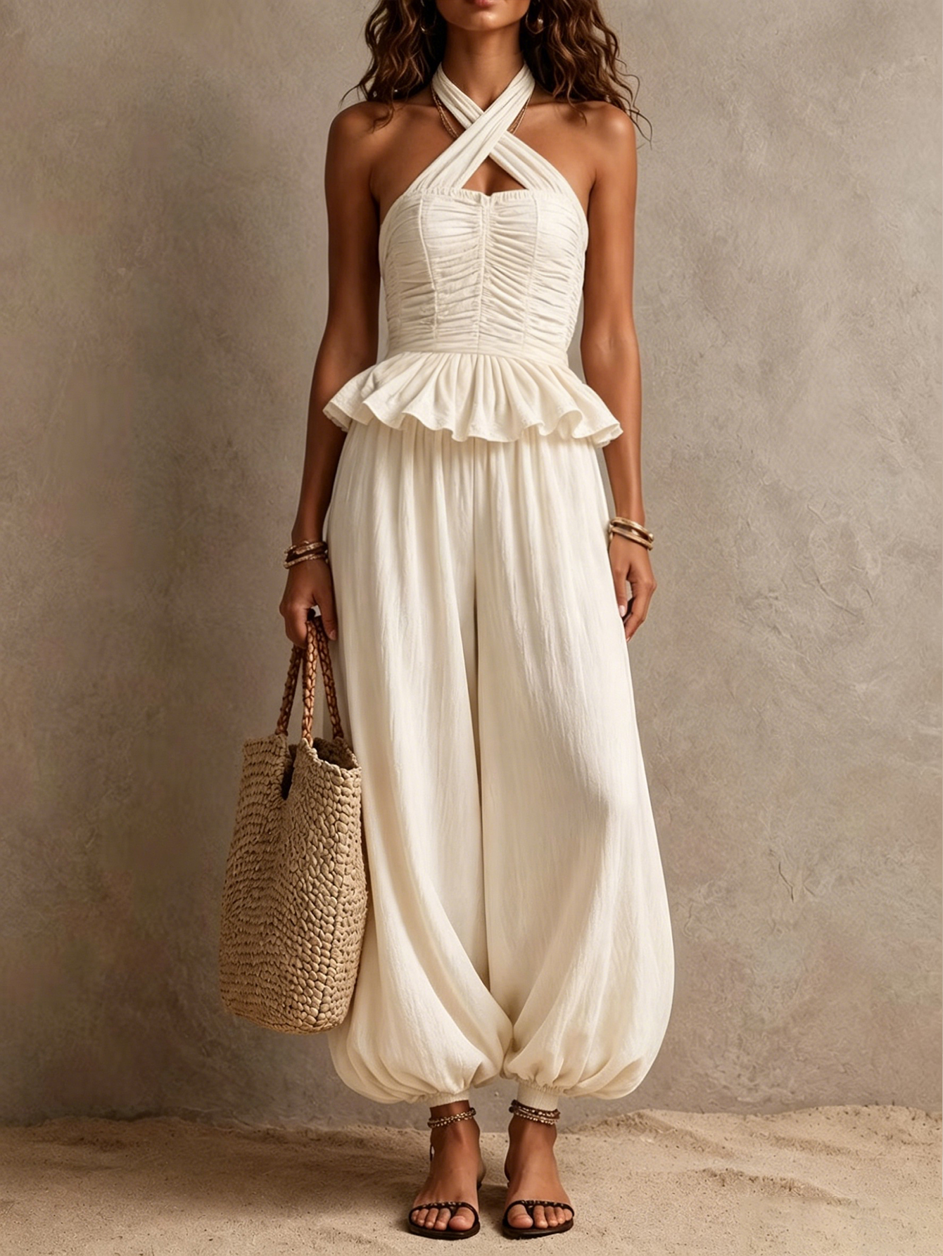 Boho Ivory Ruched Peplum Waist Halter Harem Jumpsuit [Pre-order]