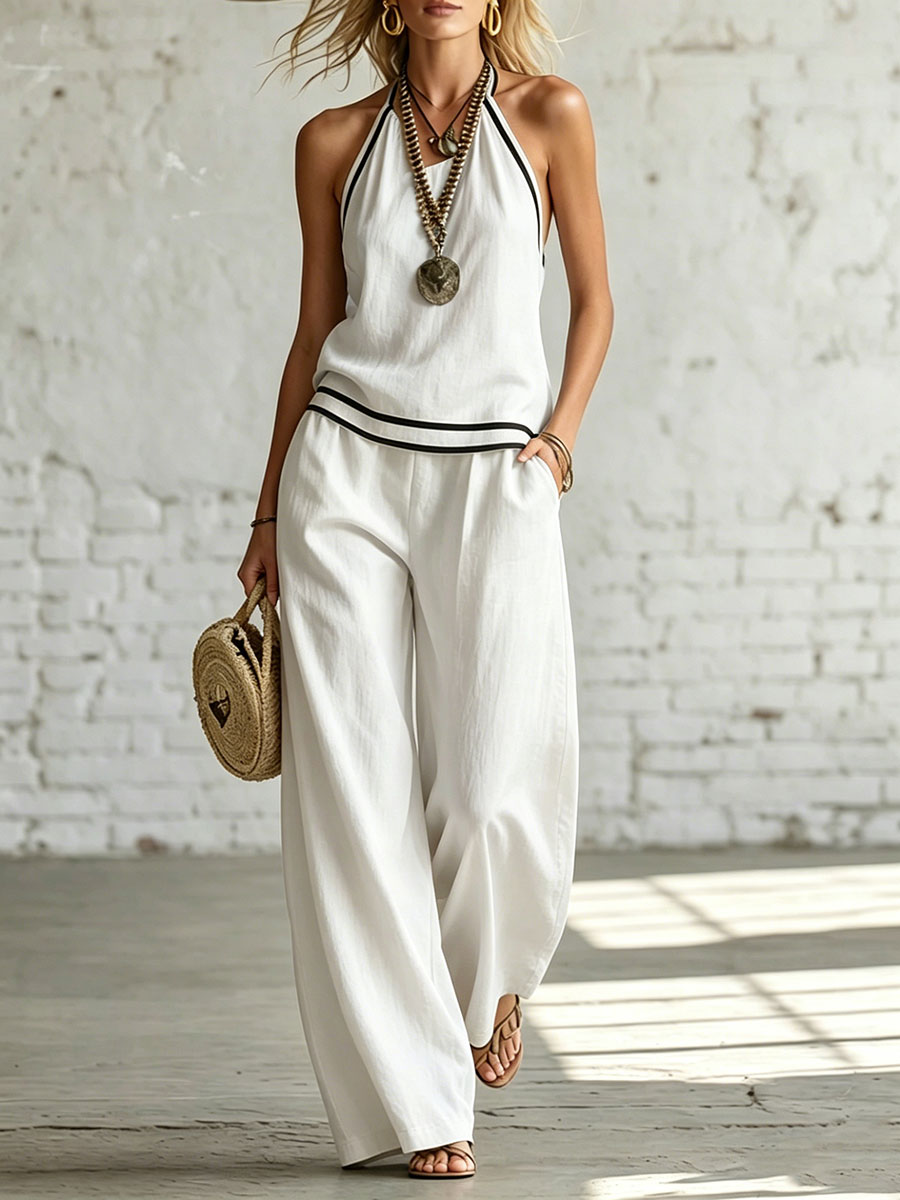 Women's Sleeveless Halter-neck Striped Two-piece Set