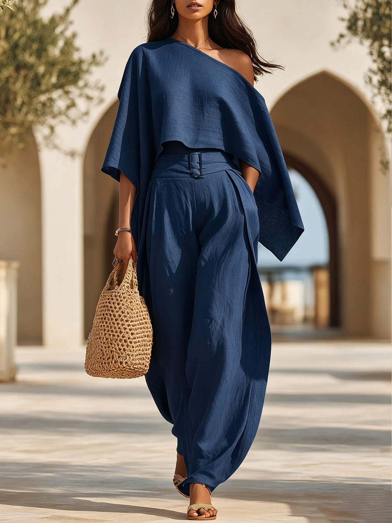 Tropical Beach Golden Yellow Linen Blend One Shoulder Crop Top Belted Wide Leg Two-Piece Set