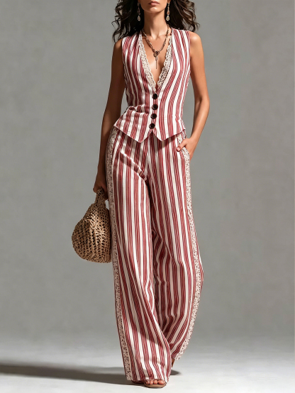 Retro Striped Slim-Fit Vest & Lace-Trimmed Wide-Leg Pants Set [Pre-order]
