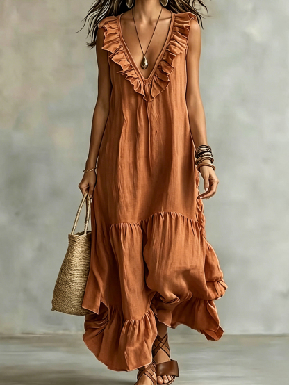 Ruffle Trim V-Neck Maxi Dress – Sleeveless Loose Fit Flowy Vacation Dress