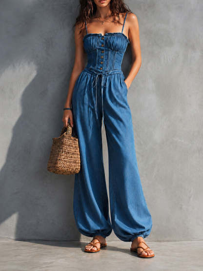 Boho Chic Denim Blue Corset Wide-Leg Jumpsuit  [Pre-order]