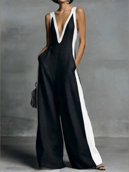 Cotton Casual Split Joint Color Block V Neck Tank Jumpsuit