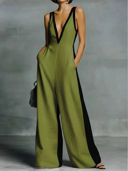 Cotton Casual Split Joint Color Block V Neck Tank Jumpsuit