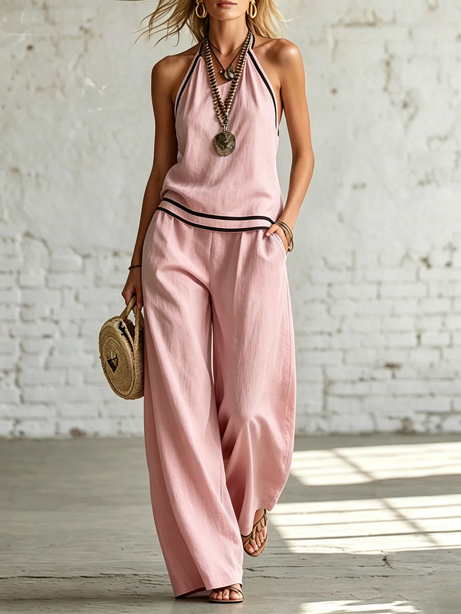 Women's Sleeveless Halter-neck Striped Two-piece Set
