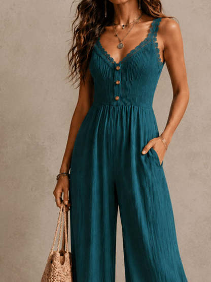 Boho Teal Lace-Trimmed Wide-Leg Jumpsuit [Pre-order]