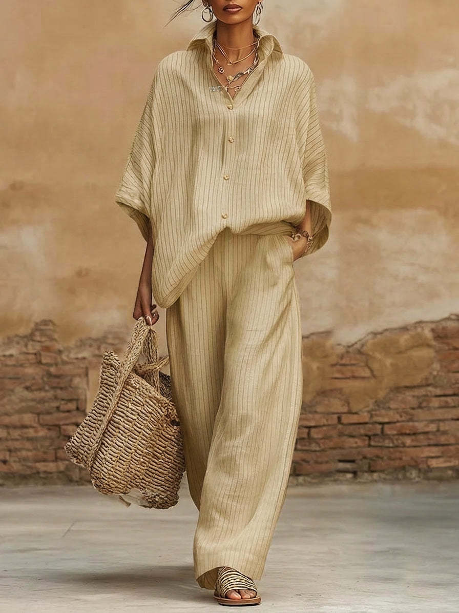 Elegant Classic Striped Shirt And Wide-leg Pants Two-piece Set