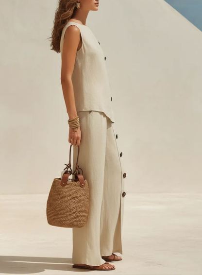 Minimalist Vacation Sleeveless Top And Wide-Leg Pants Oatmeal Cotton-Linen Set