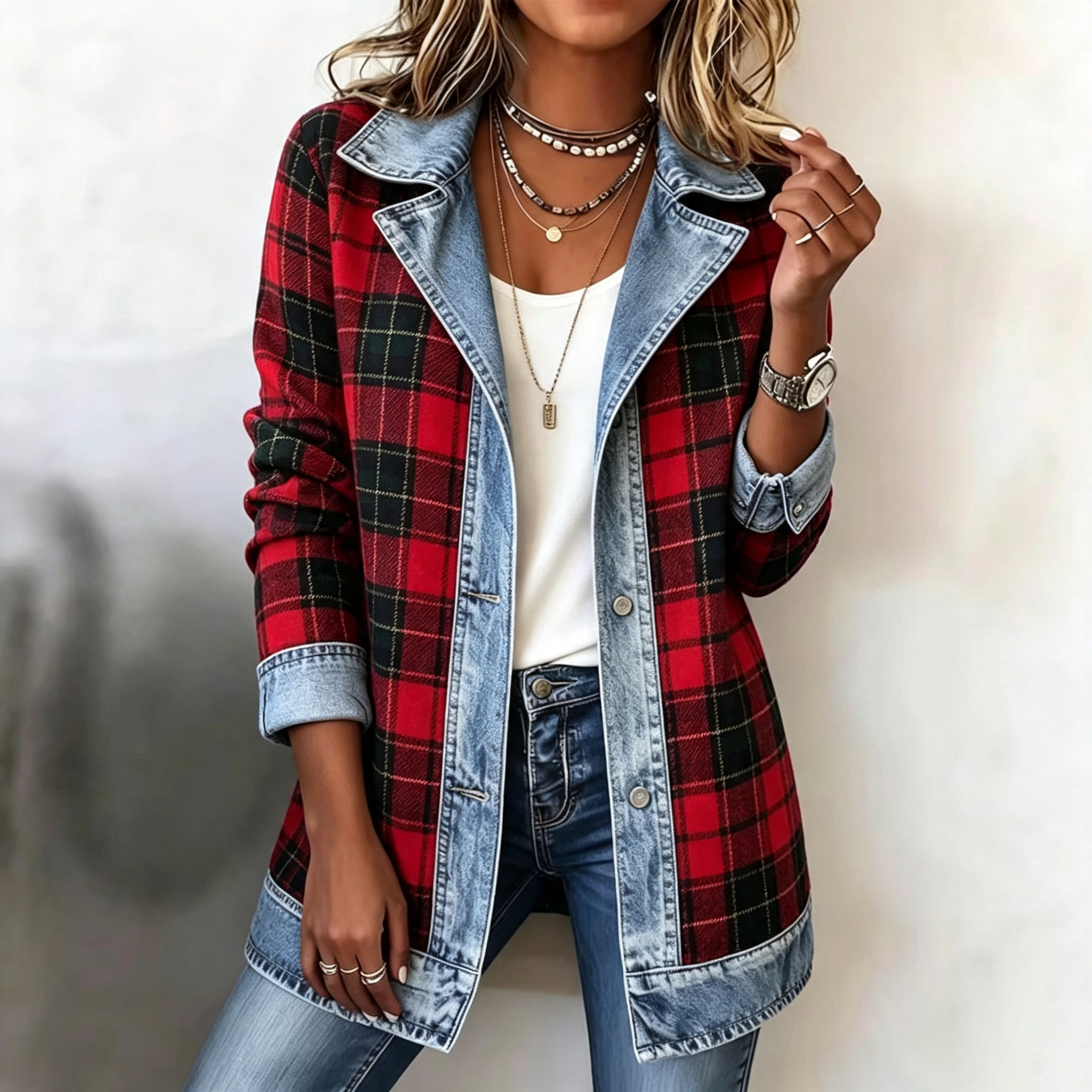 Elegant Mixed Media Denim Knit Cardigan Open Front Lapel Sweater Coat Mid Length Comfort Fit Outerwear