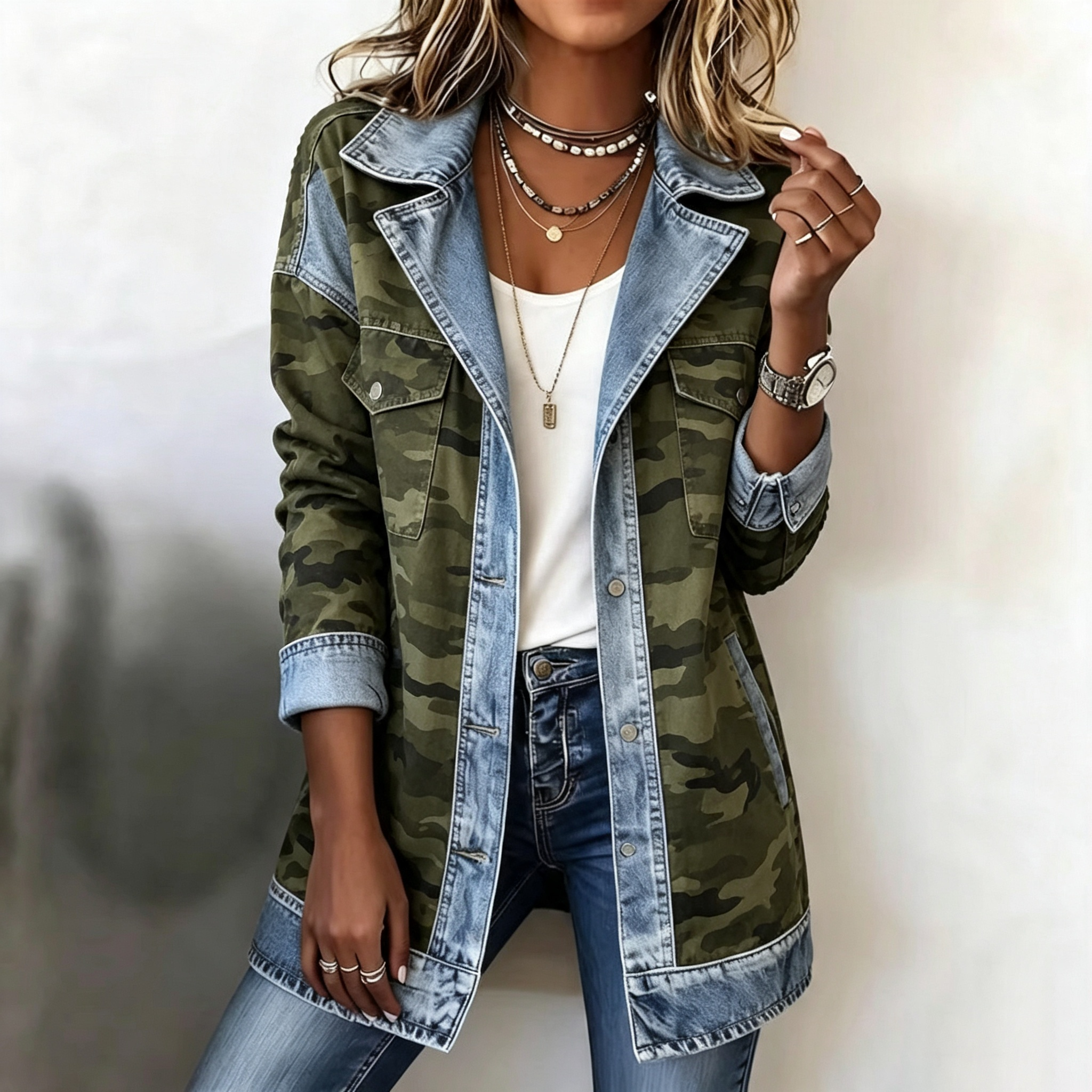Elegant Mixed Media Denim Knit Cardigan Open Front Lapel Sweater Coat Mid Length Comfort Fit Outerwear