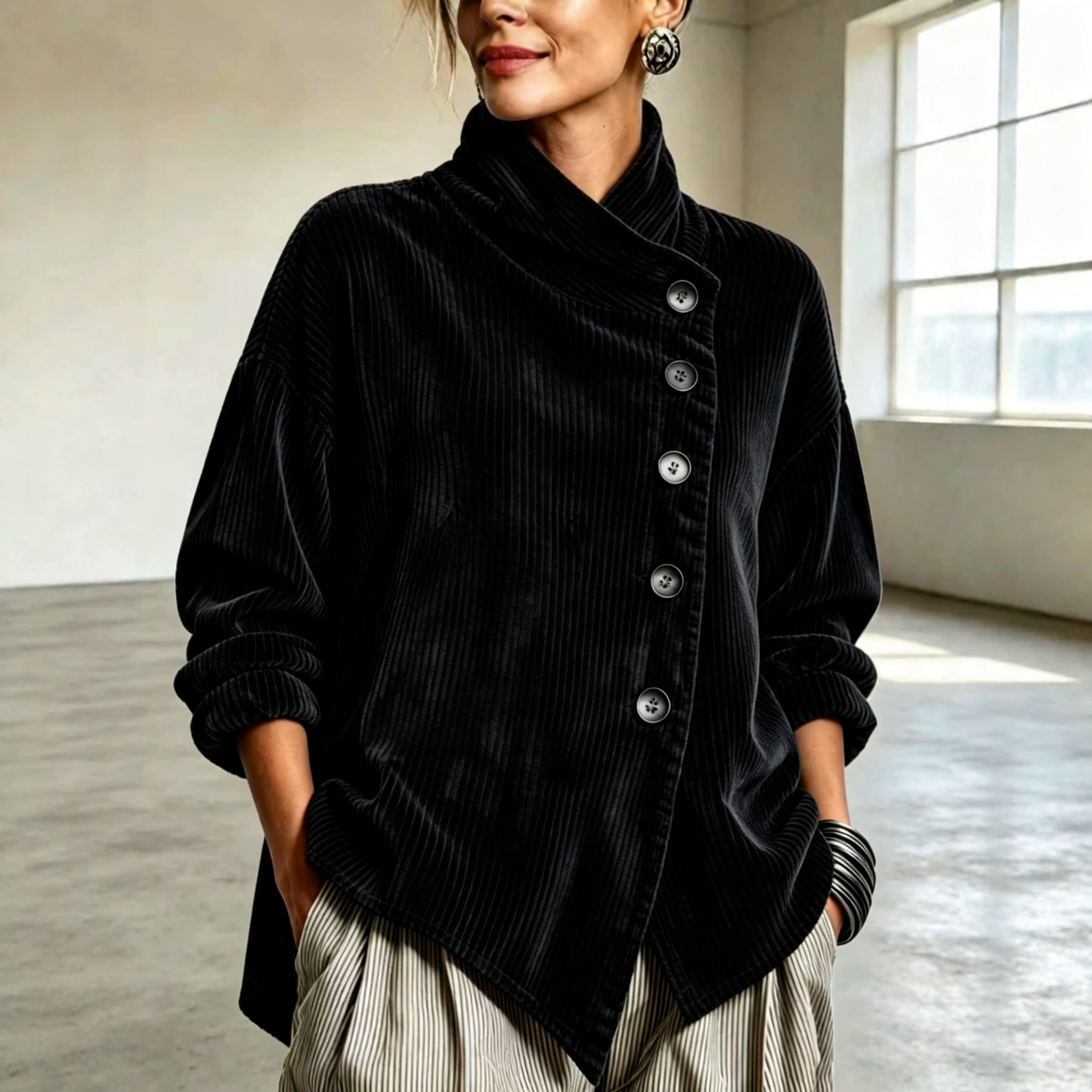 Chic High Funnel Neck Asymmetric Corduroy Top