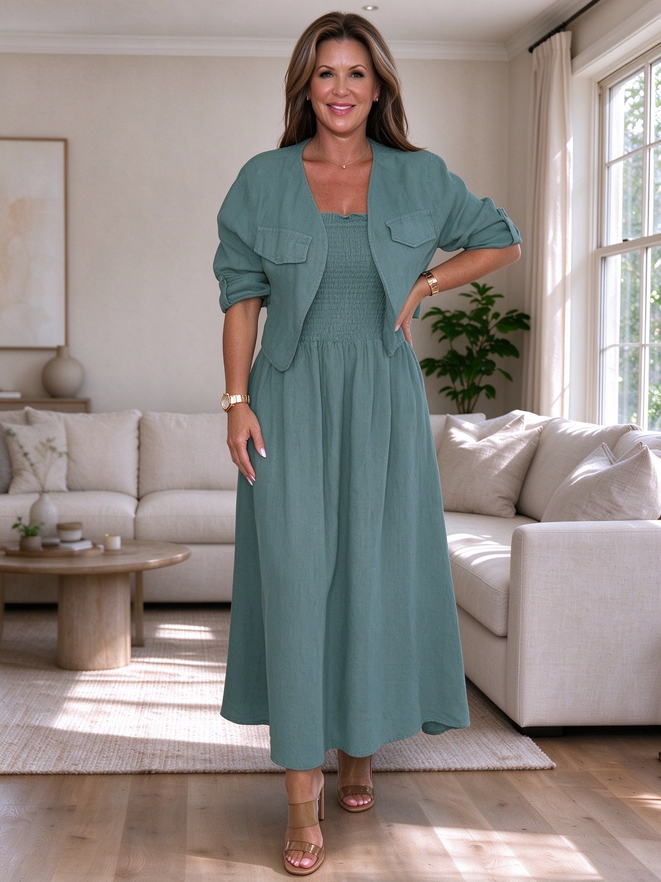 CLEARANCE🔥 Linen Smocked Dress With Over Jacket Two-piece Set