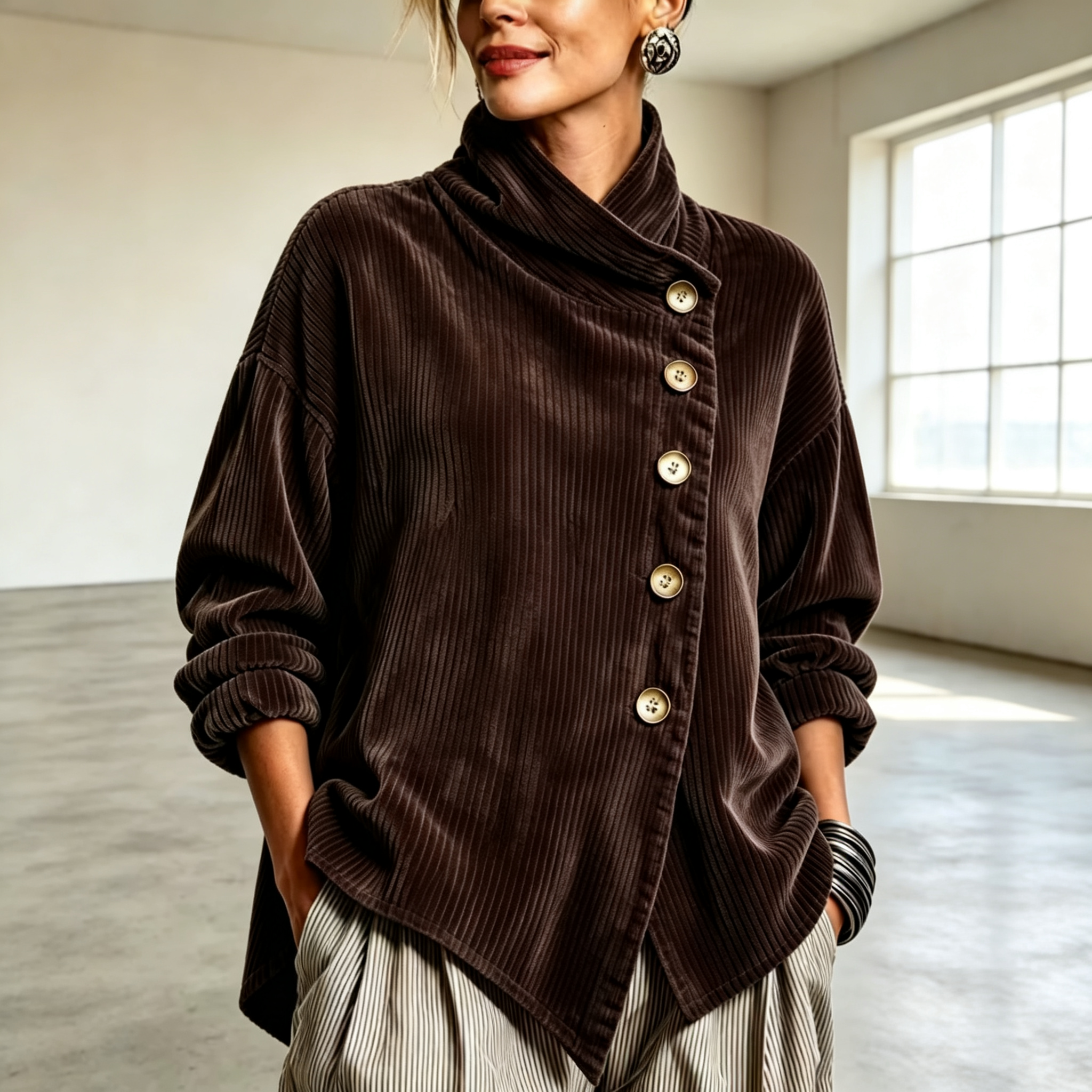 Chic High Funnel Neck Asymmetric Corduroy Top