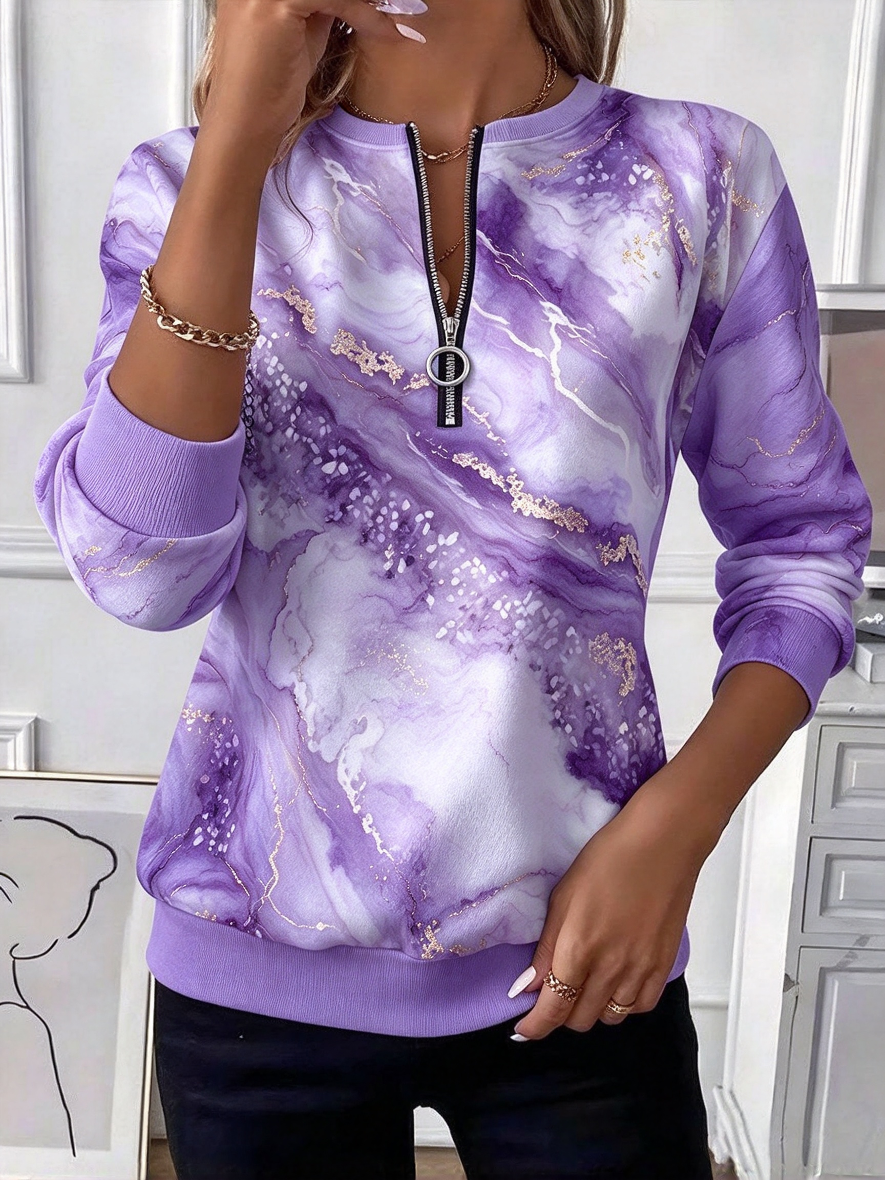 Stunning Marble Print Spliced Half Zip Long Sleeve Casual Top