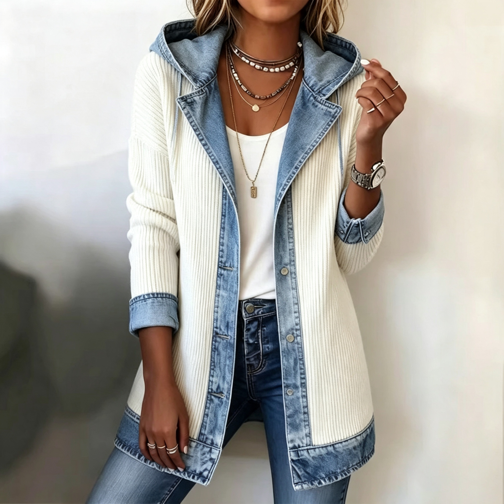 Elegant Mixed Media Denim Knit Hooded jacket Cardigan Open Front Lapel Sweater Coat Mid Length Comfort Fit Outerwear