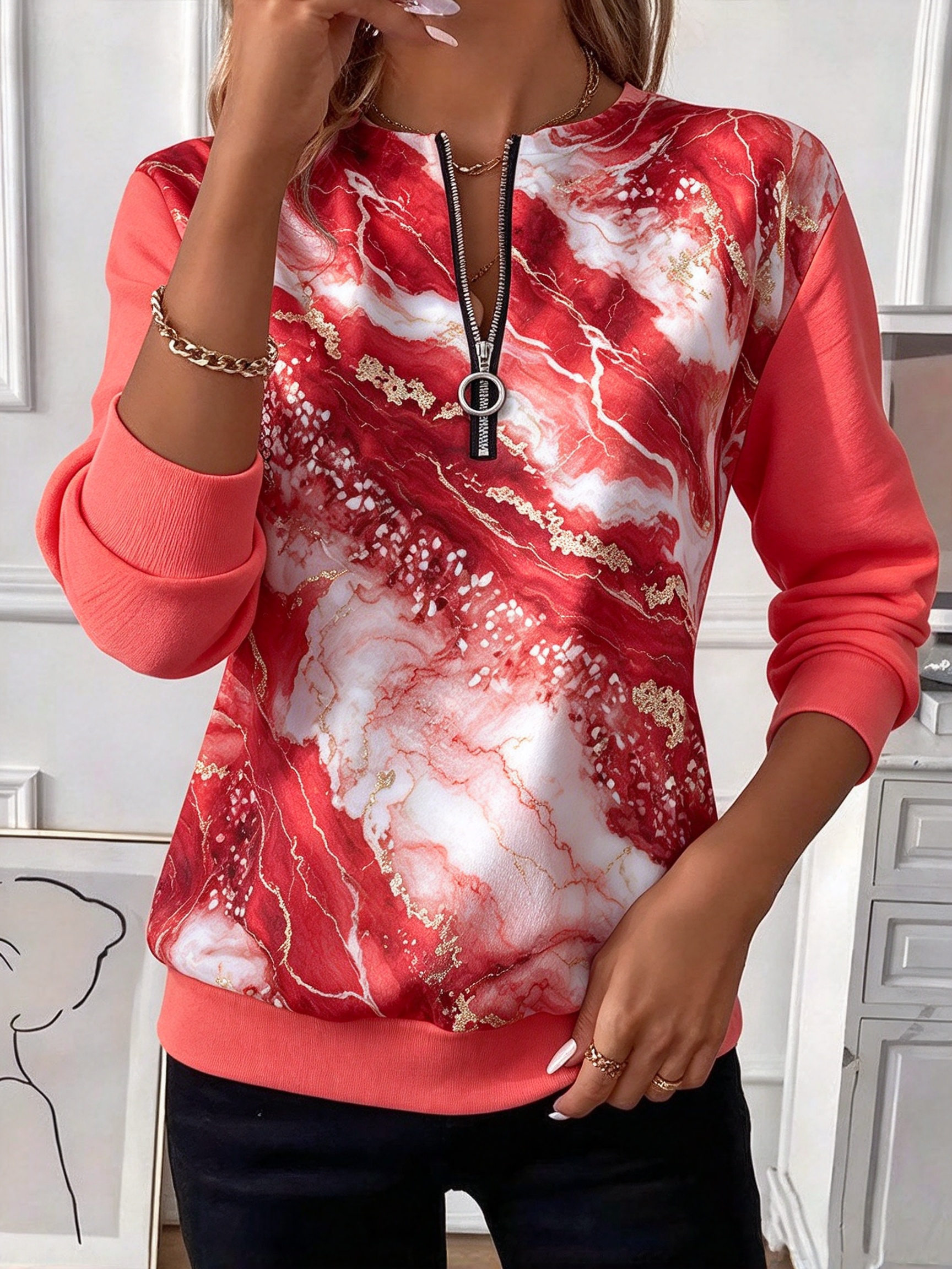 Stunning Marble Print Spliced Half Zip Long Sleeve Casual Top