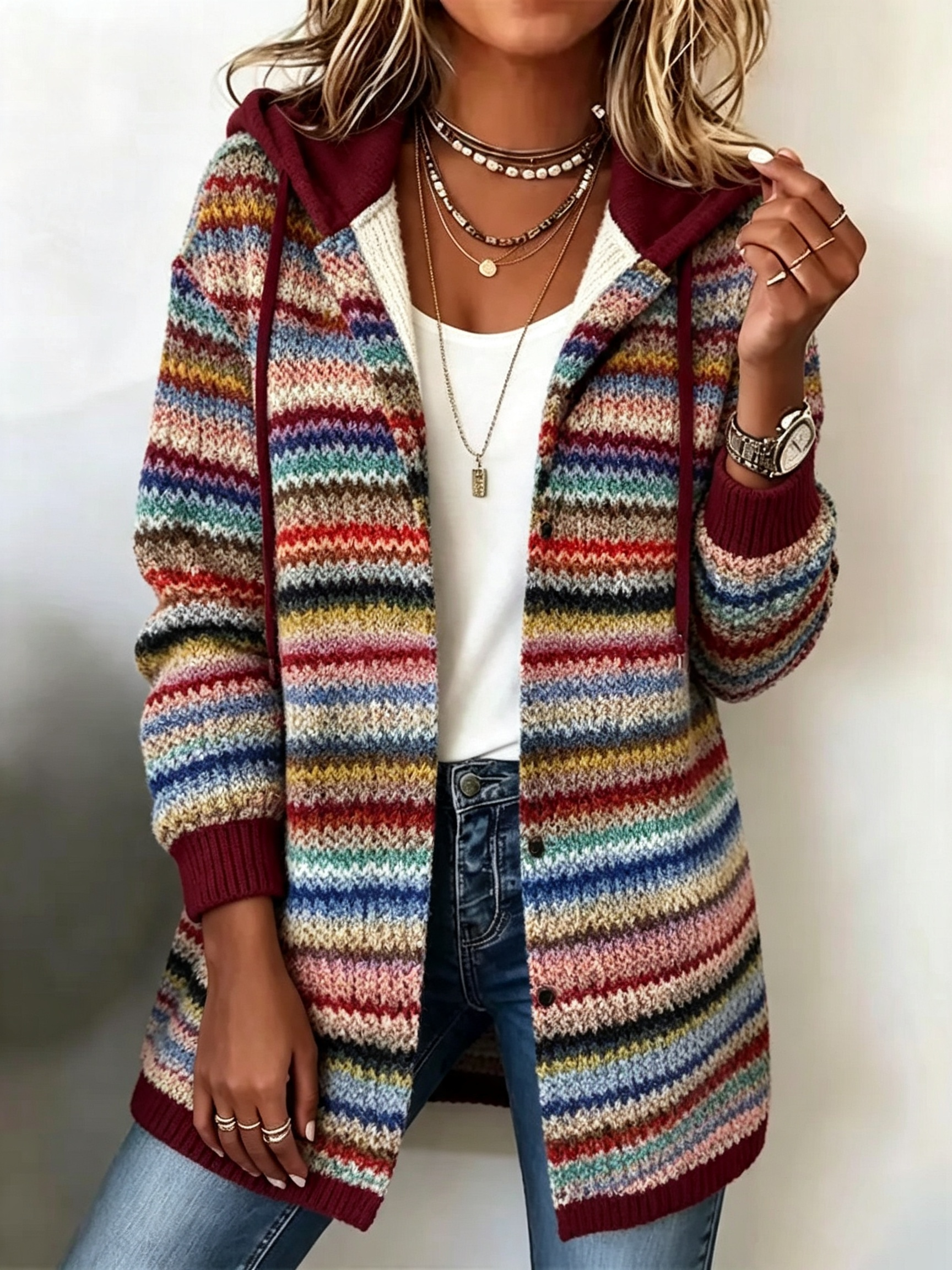 Women's Striped Cardigan Colourful Knit Open Front Casual