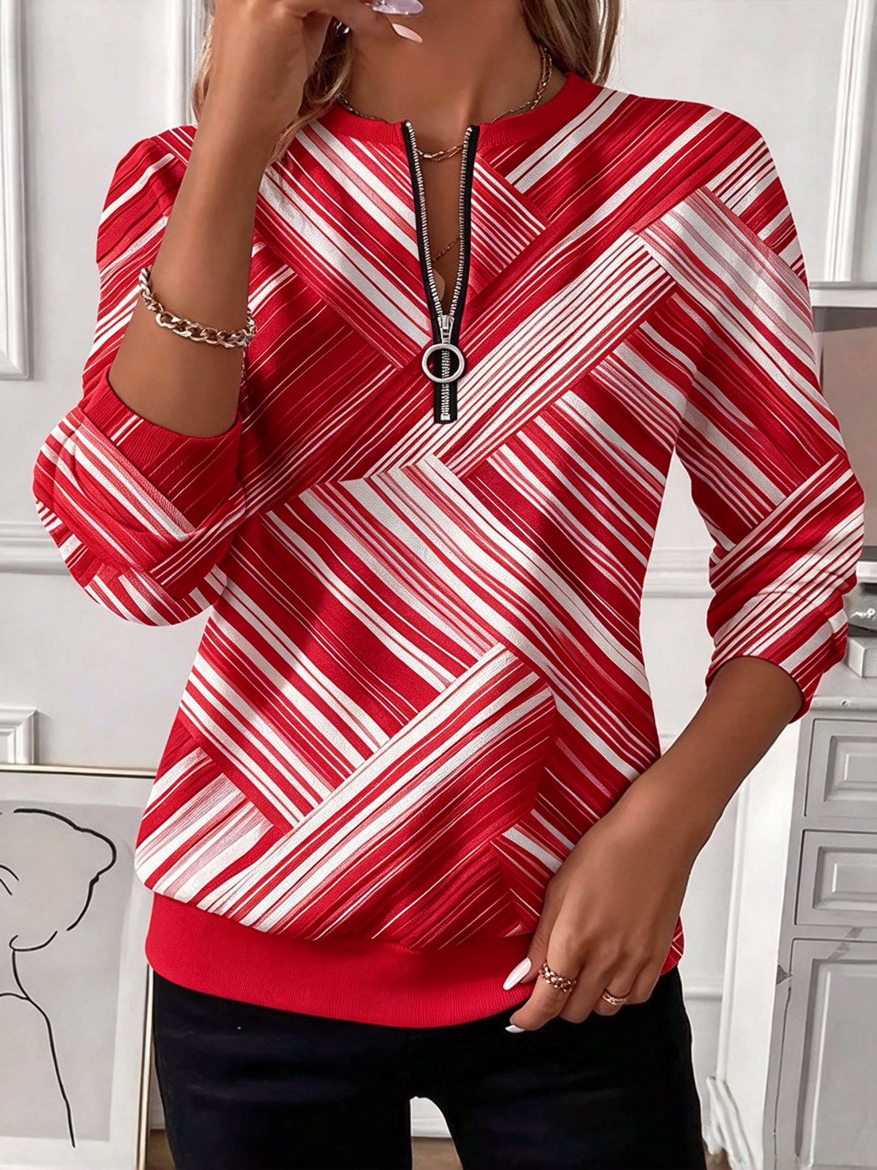 Diagonal Stripe Half-Zip Top, Ladies 3/4 Sleeve Casual Shirt for Daily Wear