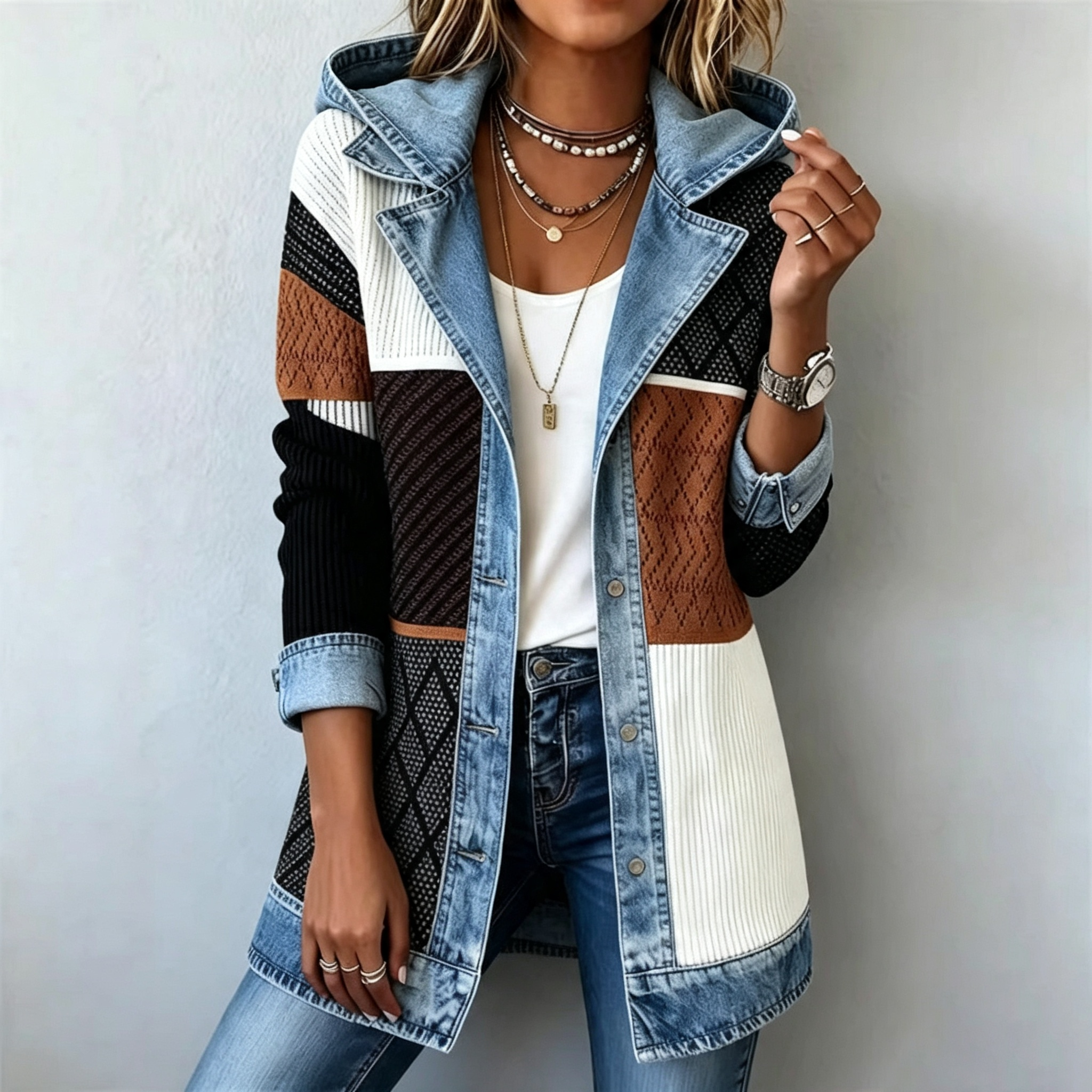 Elegant Mixed Media Denim Knit Hooded jacket Cardigan Open Front Lapel Sweater Coat Mid Length Comfort Fit Outerwear