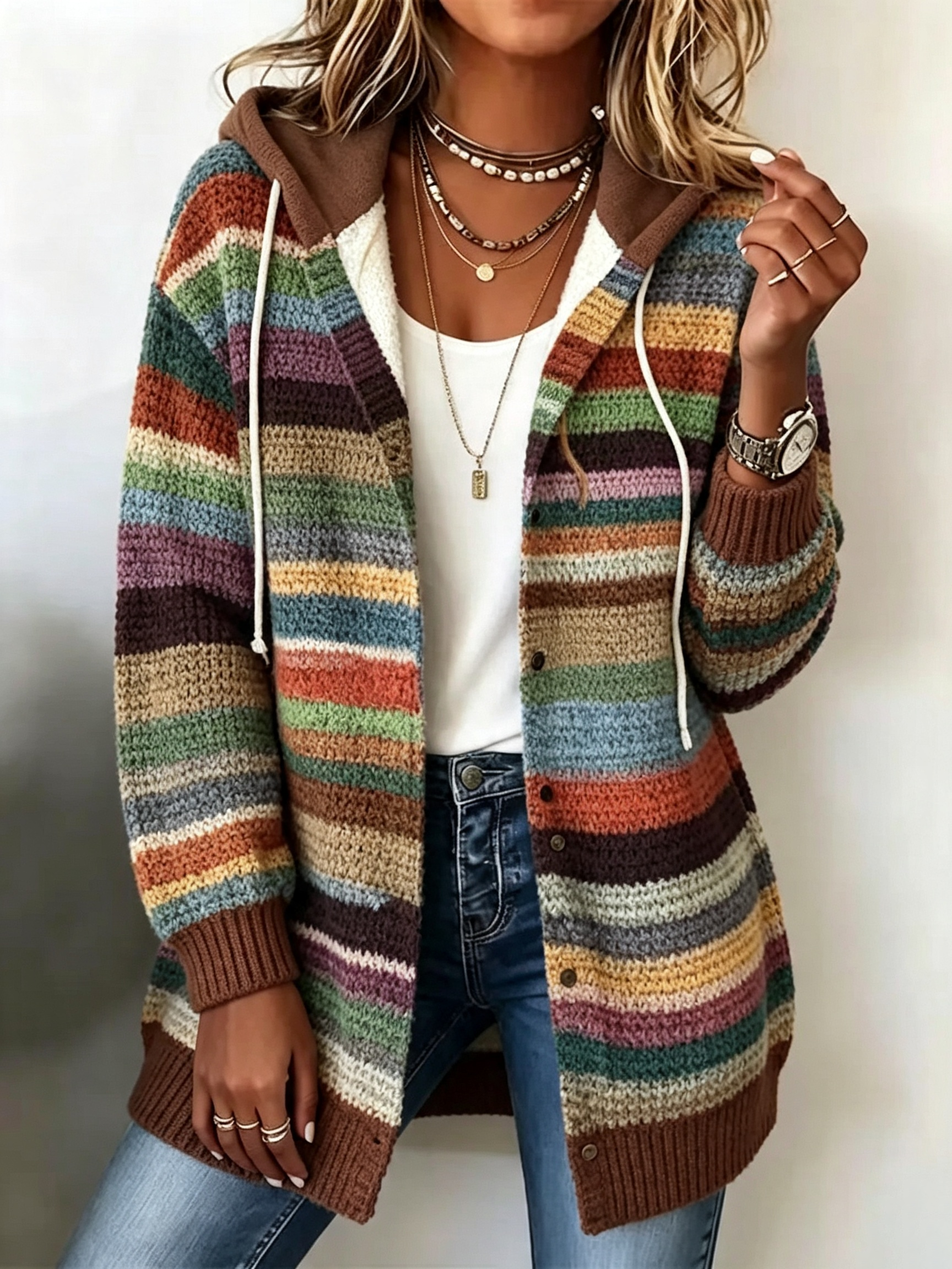 Women's Striped Cardigan Colourful Knit Open Front Casual