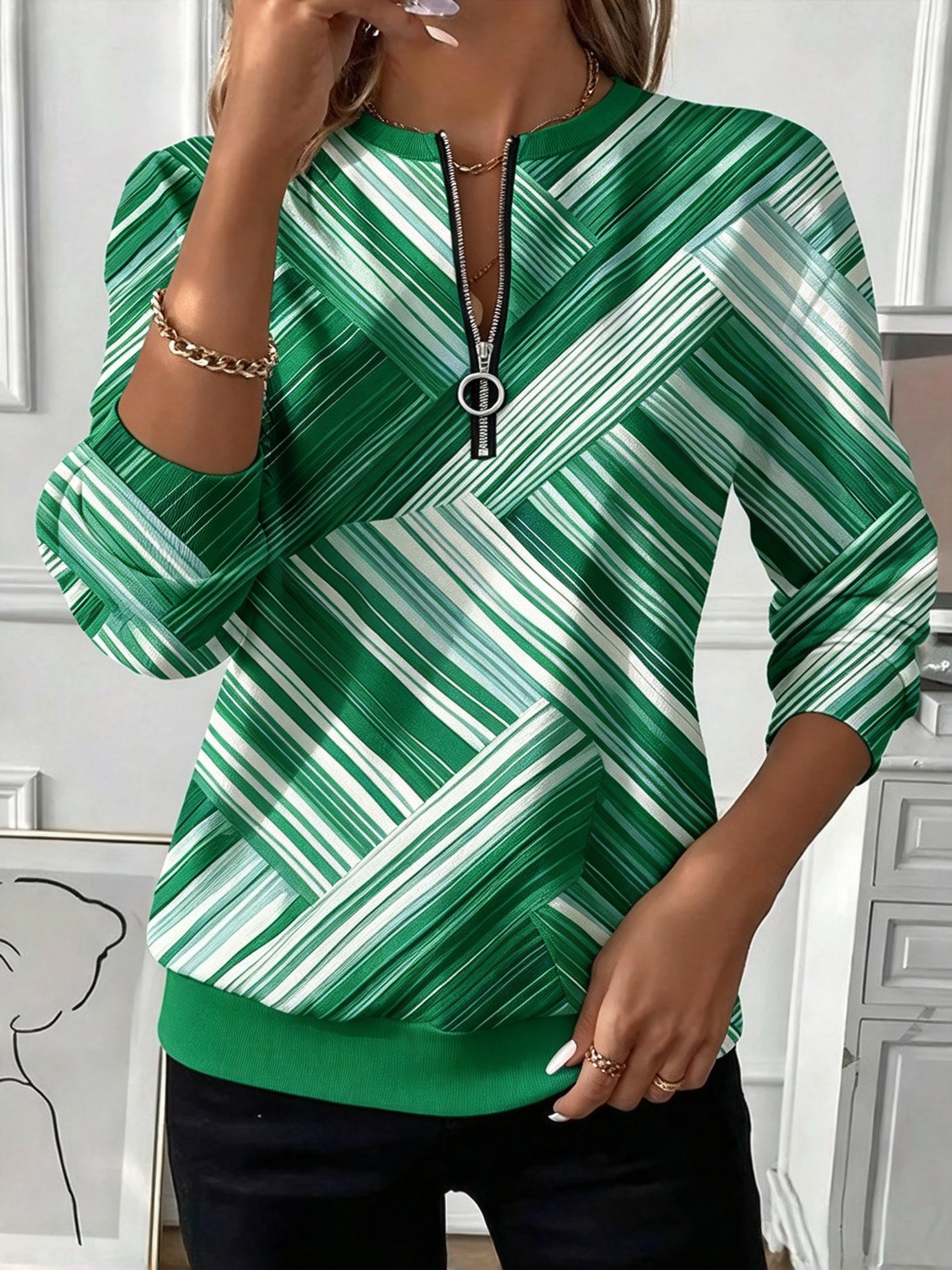 Diagonal Stripe Half-Zip Top, Ladies 3/4 Sleeve Casual Shirt for Daily Wear