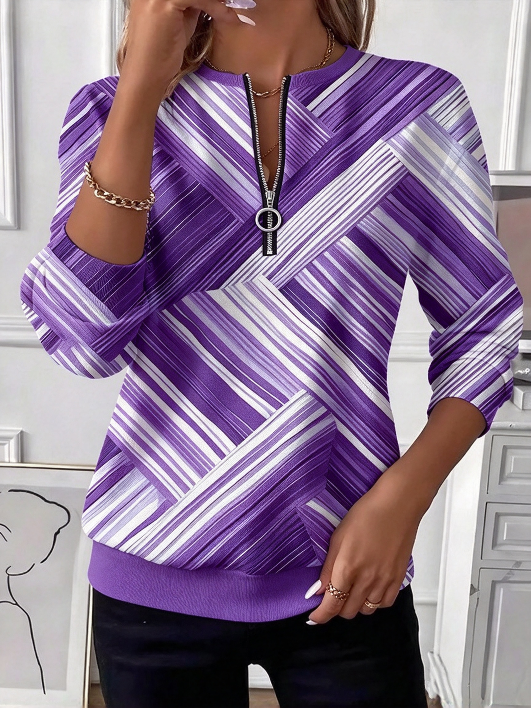 Diagonal Stripe Half-Zip Top, Ladies 3/4 Sleeve Casual Shirt for Daily Wear