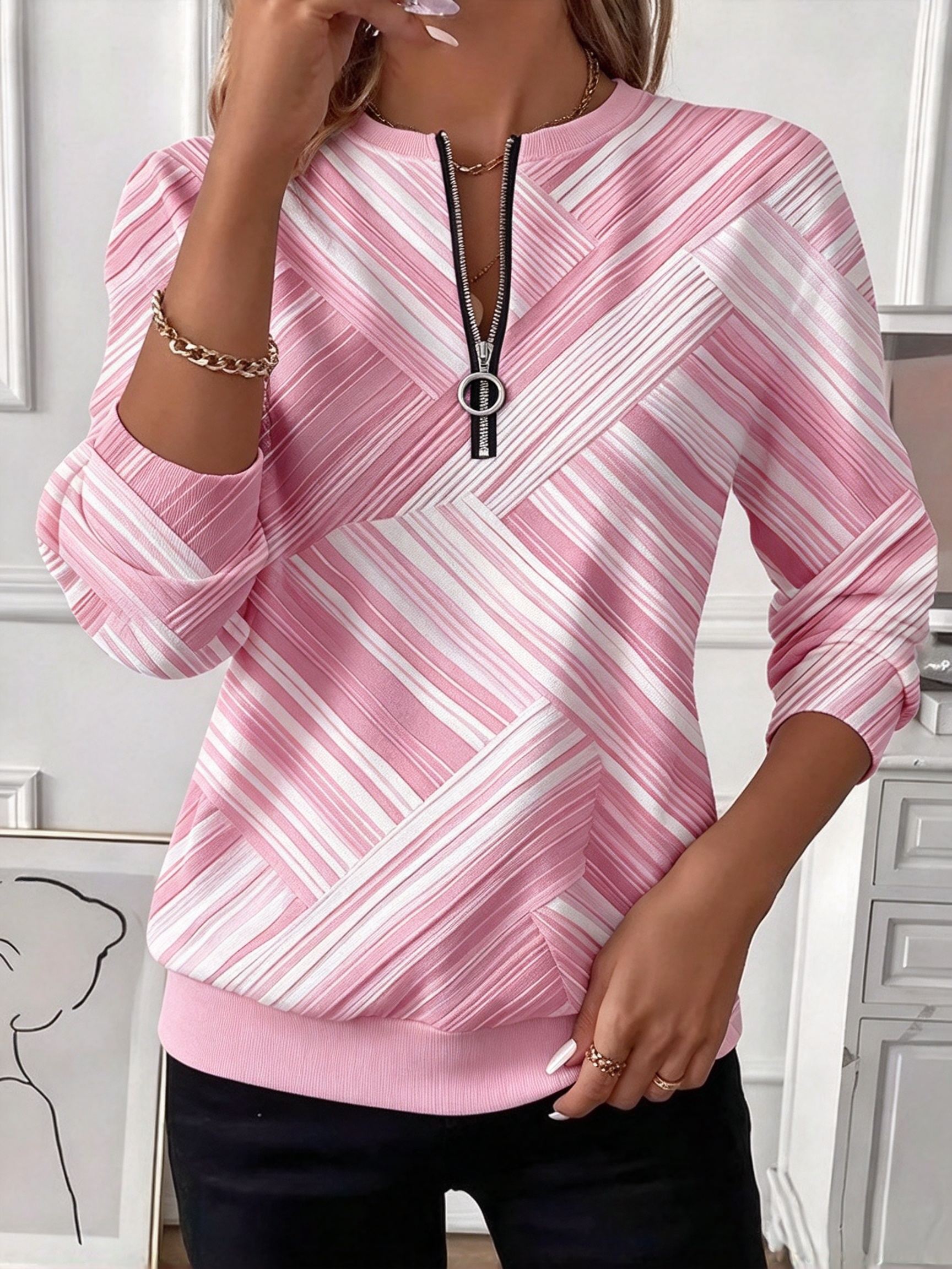 Diagonal Stripe Half-Zip Top, Ladies 3/4 Sleeve Casual Shirt for Daily Wear