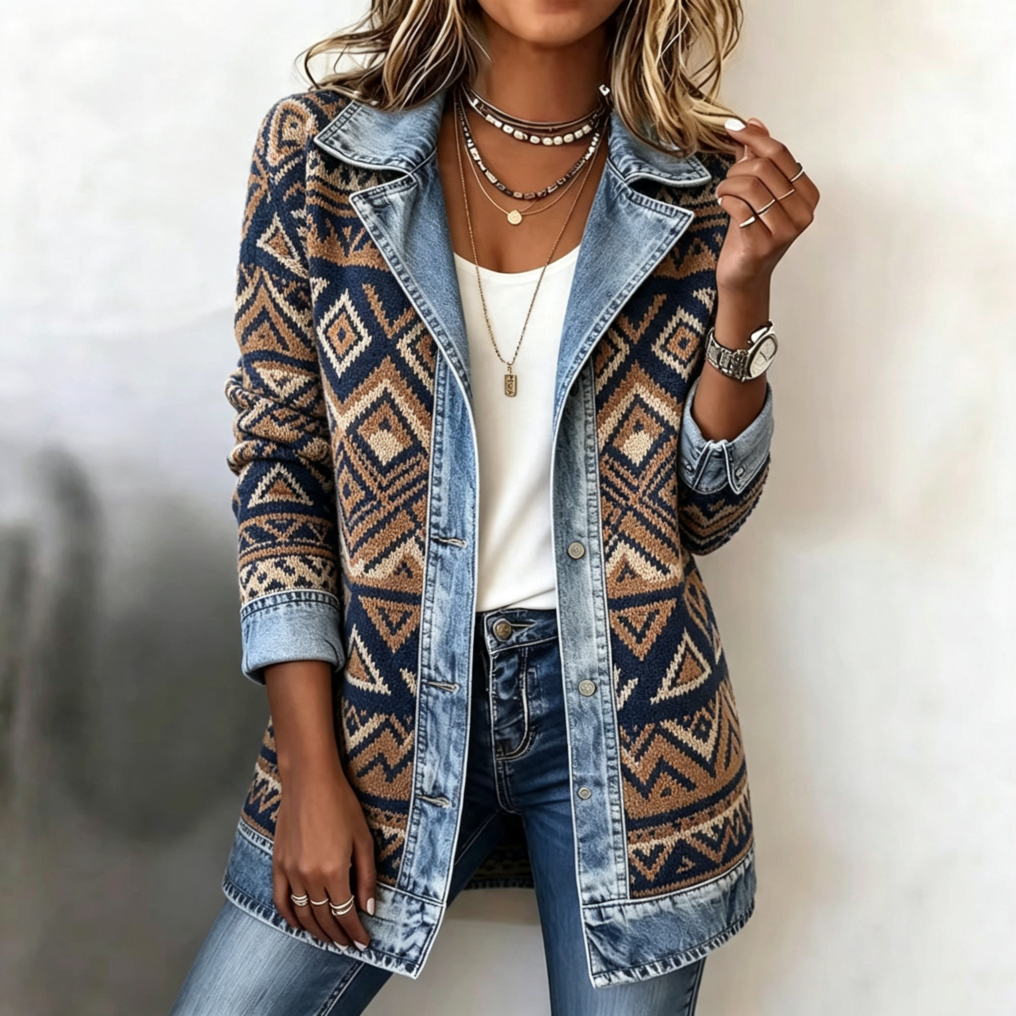 Elegant Mixed Media Denim Knit Cardigan Open Front Lapel Sweater Coat Mid Length Comfort Fit Outerwear