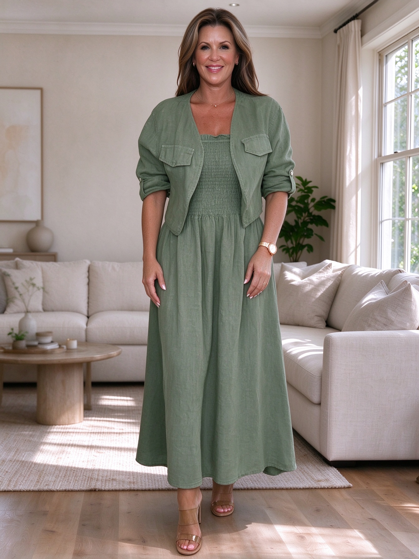 CLEARANCE🔥 Linen Smocked Dress With Over Jacket Two-piece Set