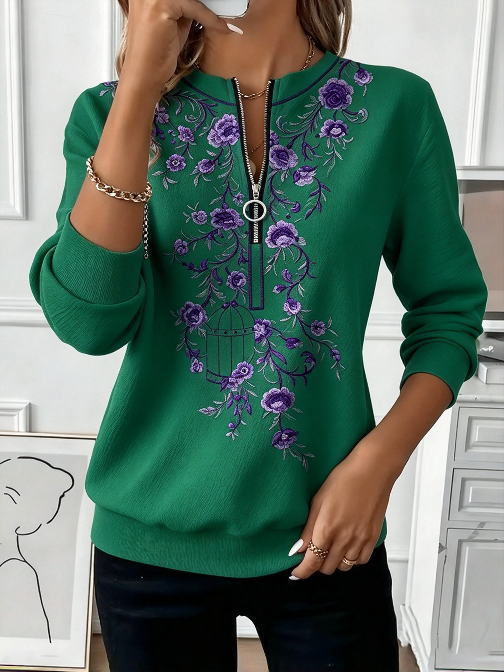 Women's Floral Birdcage Print Half Zip Long Sleeve Top