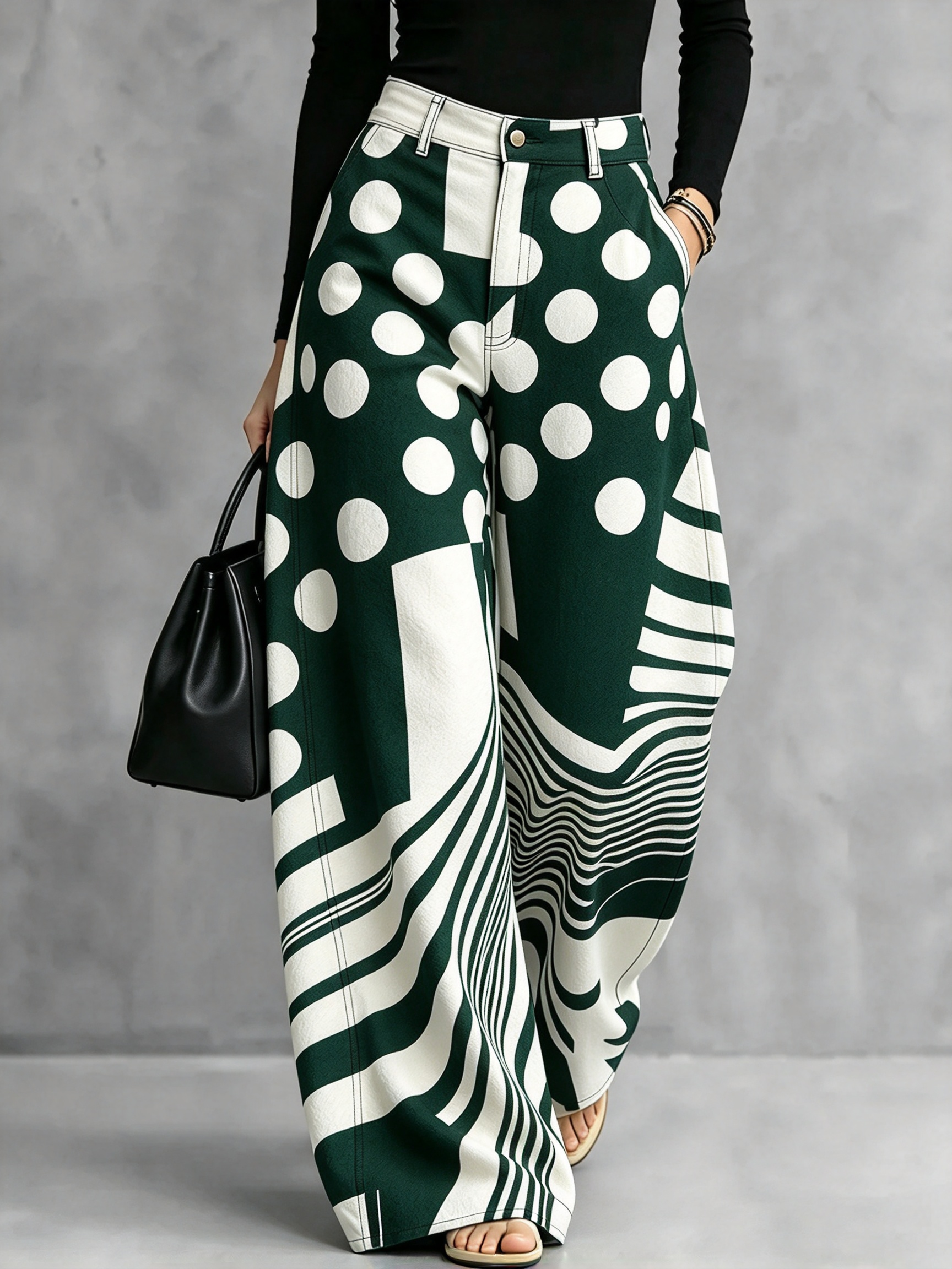 Chic Polka Dot & Striped Wide-Leg Denim Pants