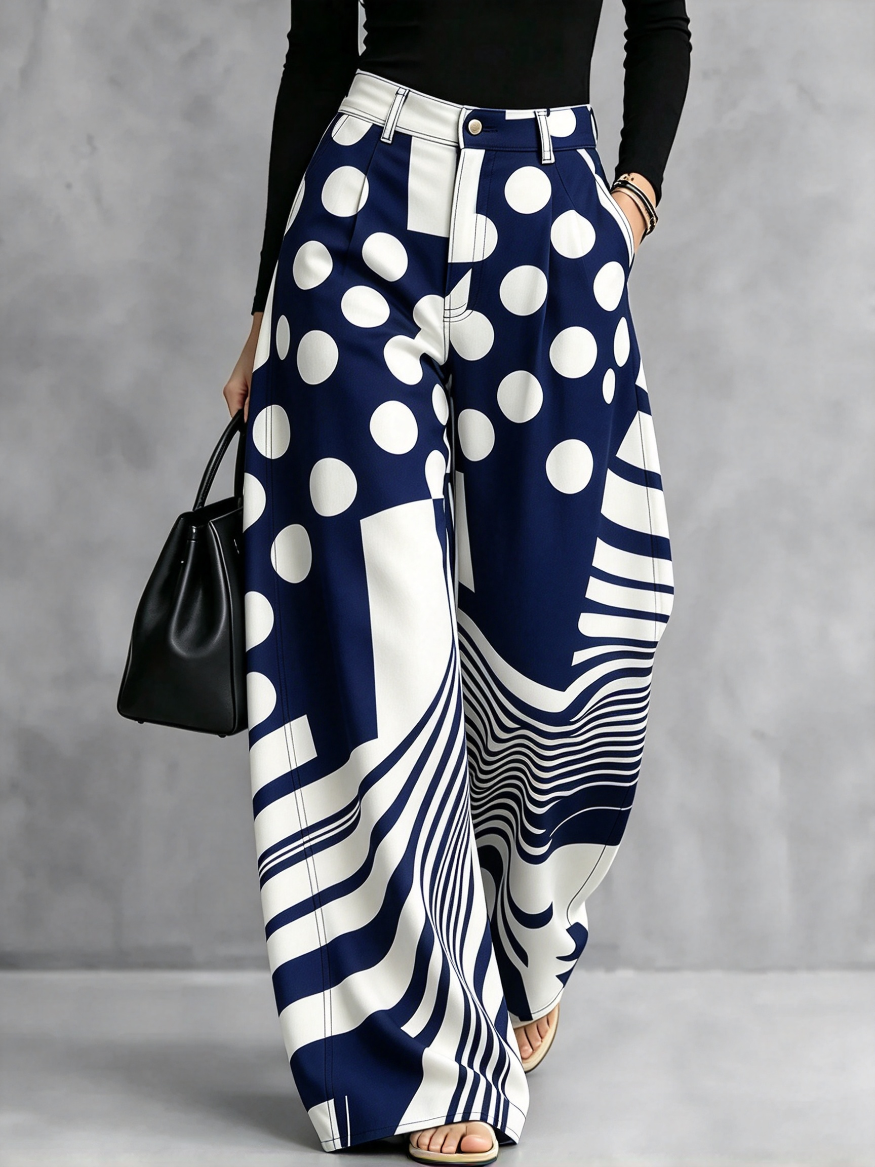 Chic Polka Dot & Striped Wide-Leg Denim Pants