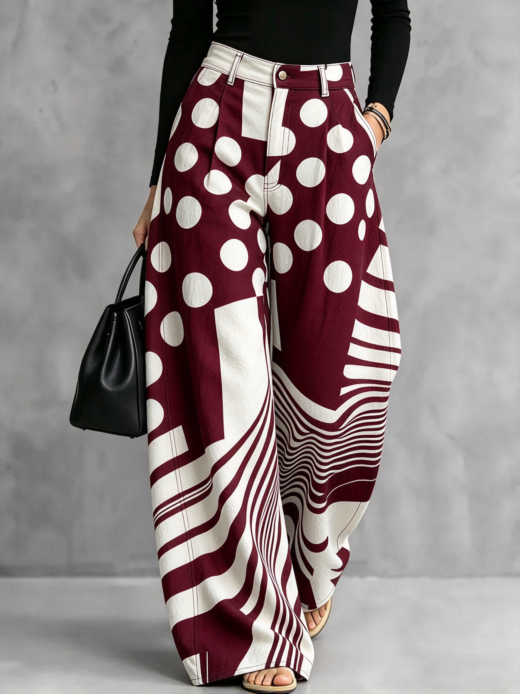 Chic Polka Dot & Striped Wide-Leg Denim Pants