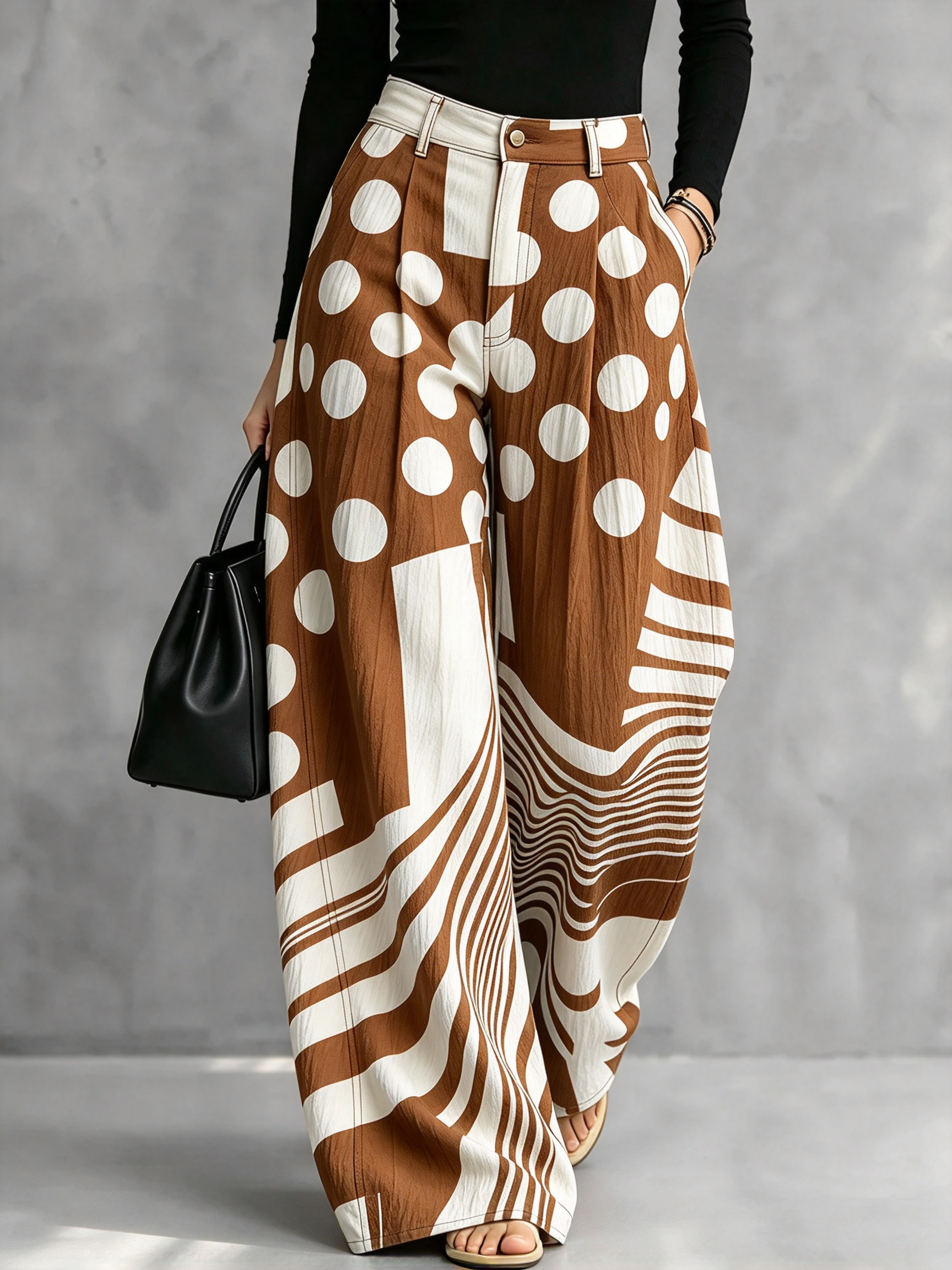 Chic Polka Dot & Striped Wide-Leg Denim Pants