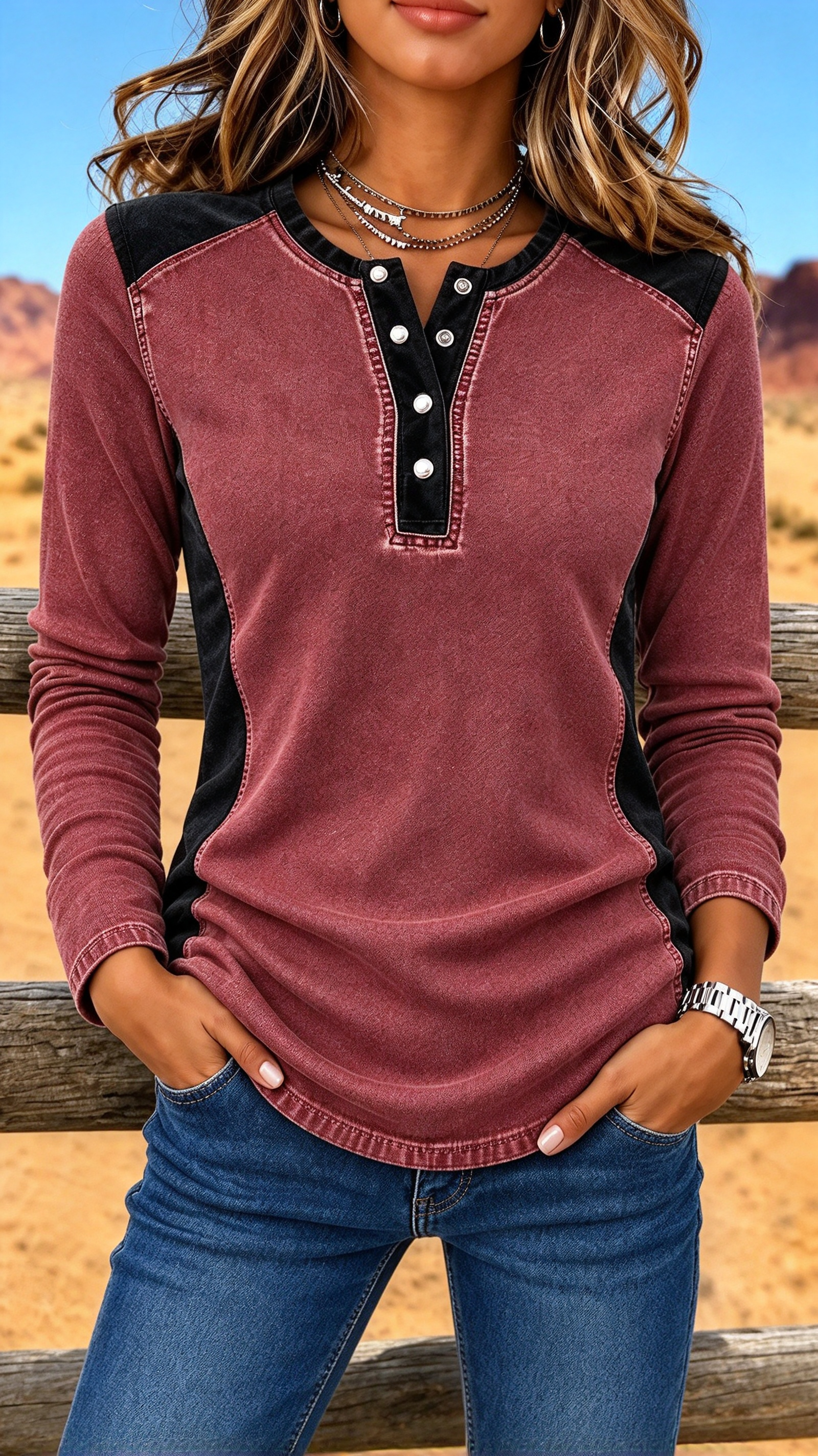 ✨Denim Panel Half-Button Top