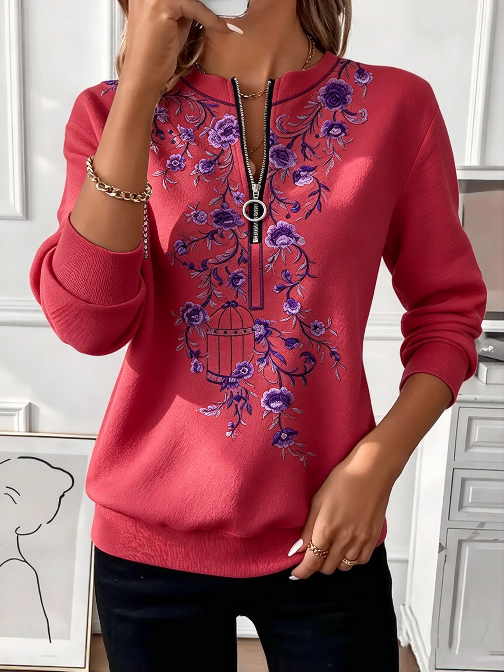 Women's Floral Birdcage Print Half Zip Long Sleeve Top