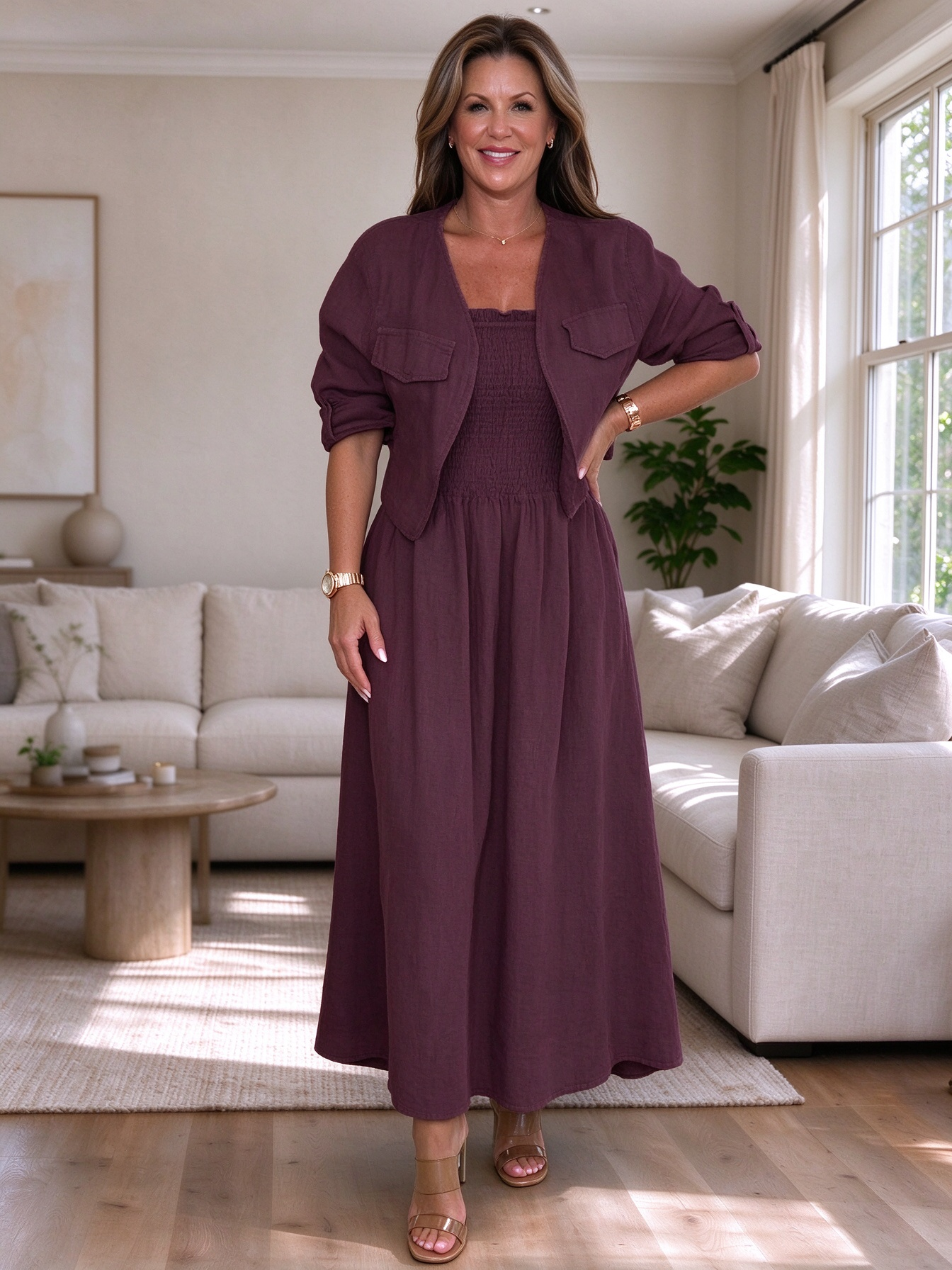 CLEARANCE🔥 Linen Smocked Dress With Over Jacket Two-piece Set