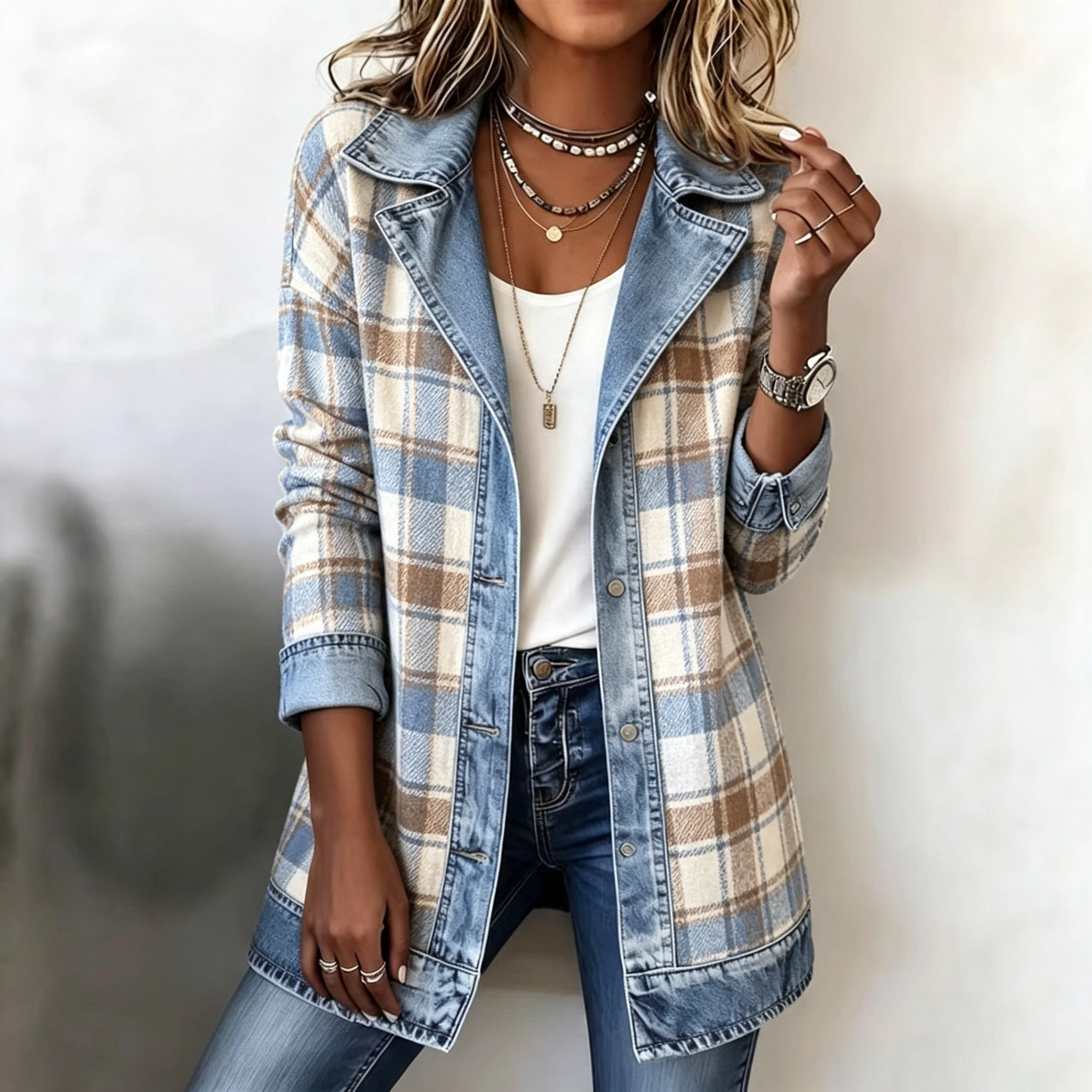 Elegant Mixed Media Denim Knit Cardigan Open Front Lapel Sweater Coat Mid Length Comfort Fit Outerwear